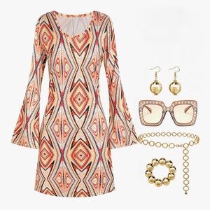 Halloween Costume— ‘70s Vibrant Long Sleeve Geometric Dress with Accessories